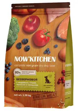 Купить now’ kitchen grain free сухой беззерновой корм для щенков всех пород с индейкой, уткой, лососем и овощами