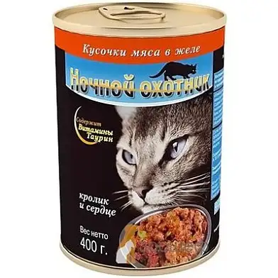 Ночной охотник консервы для кошек кусочки в желе кролик сердце 