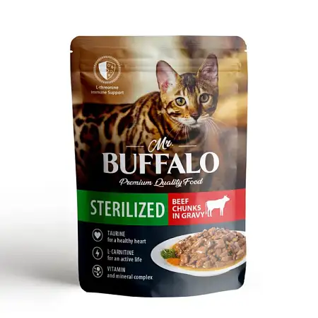 Купить mr.buffalo влажный корм для стерилизованных кошек с говядиной в соусе (пауч)